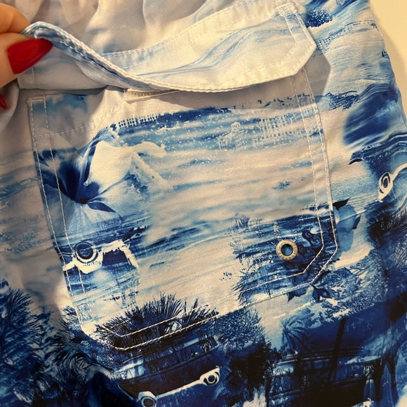 Men's Bugatchi Swim Trunks Blue Tropical Print Size: XL. MSRP: $99 - Picture 7 of 8